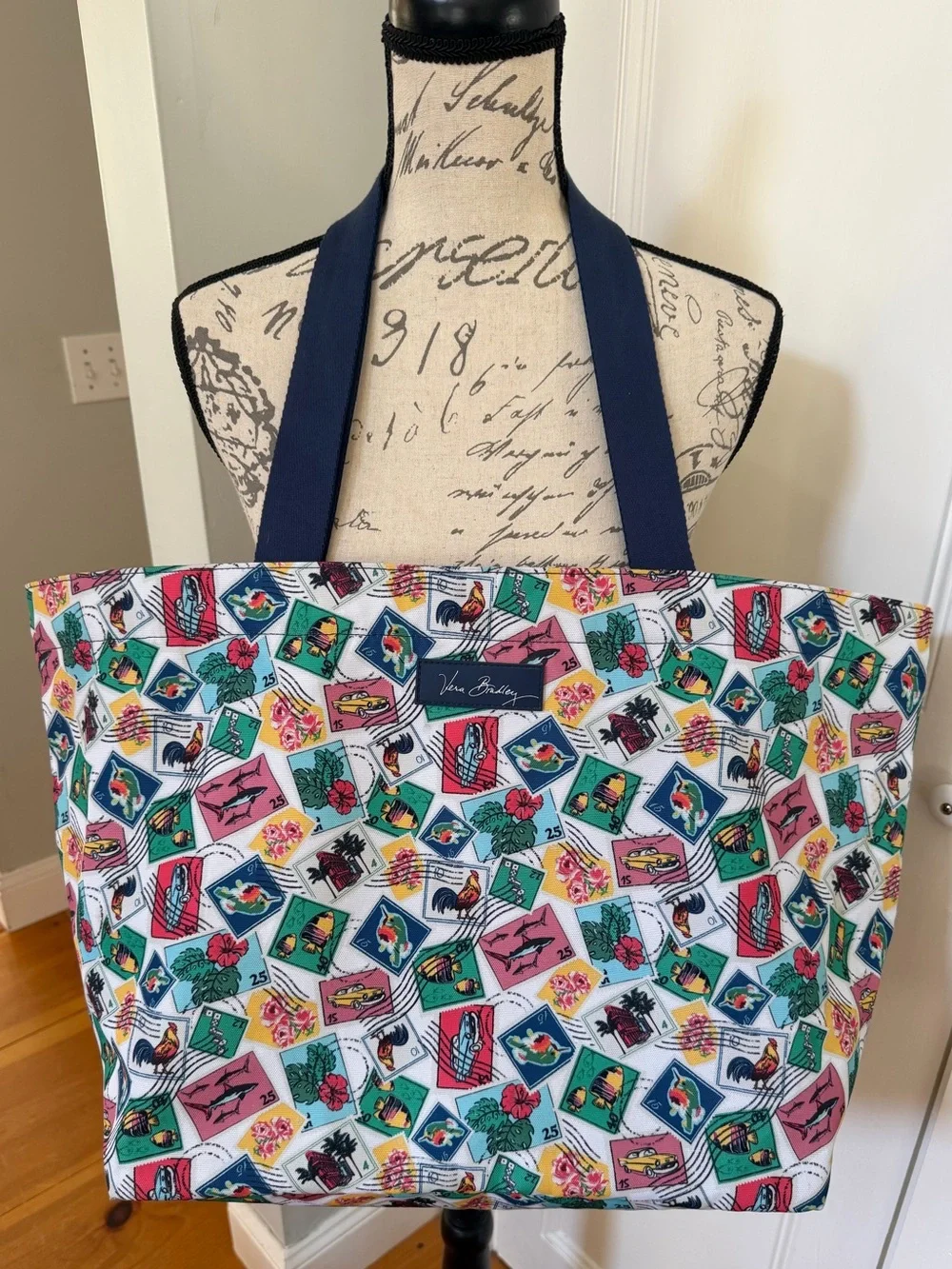Vera Bradley Lighten Up Family Large Tote Featuring Cuban Stamp Print.